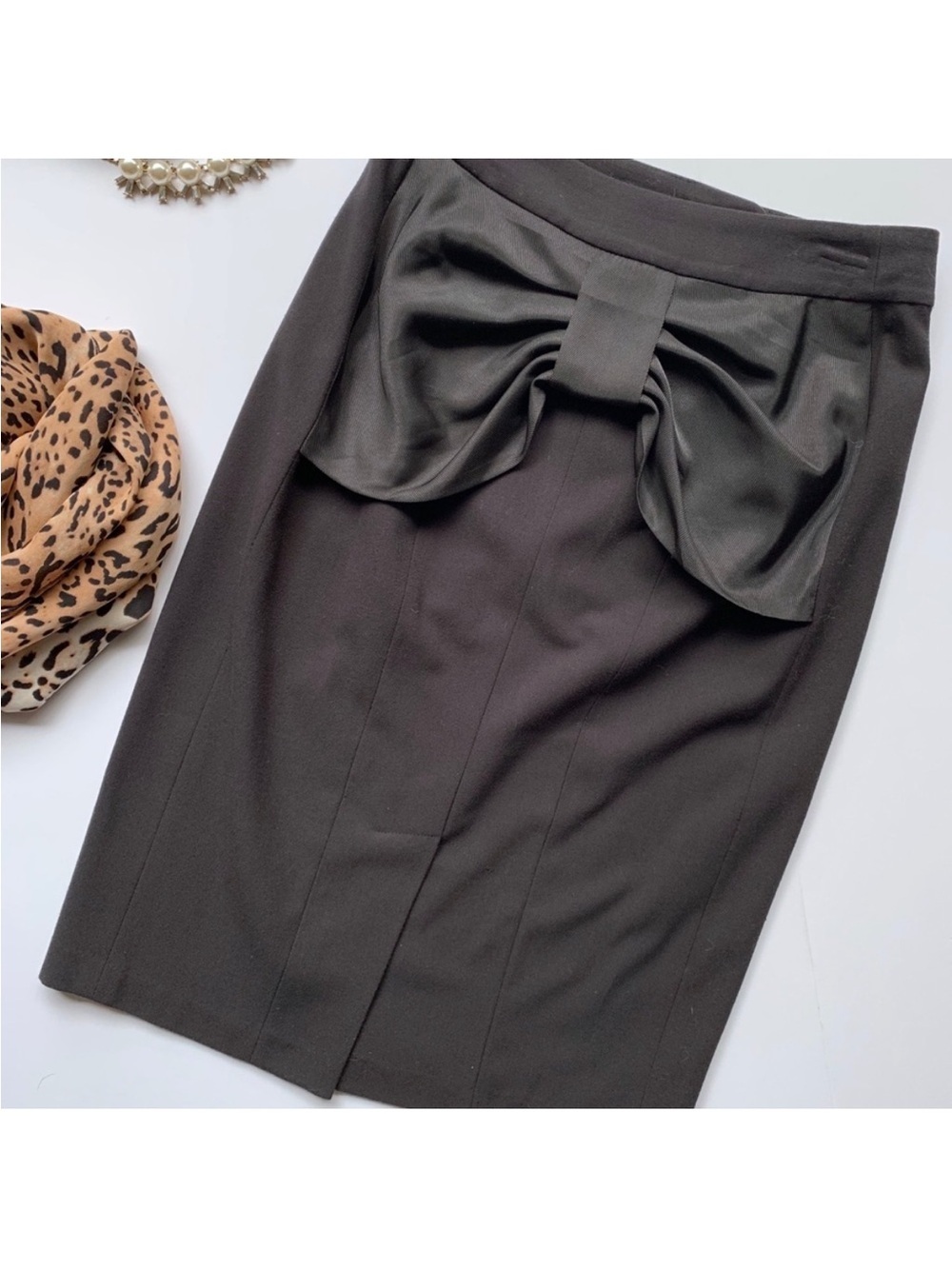 Rachel Roy Black Pencil Skirt Bow Detail Knee Length Office Career Chic Size 0